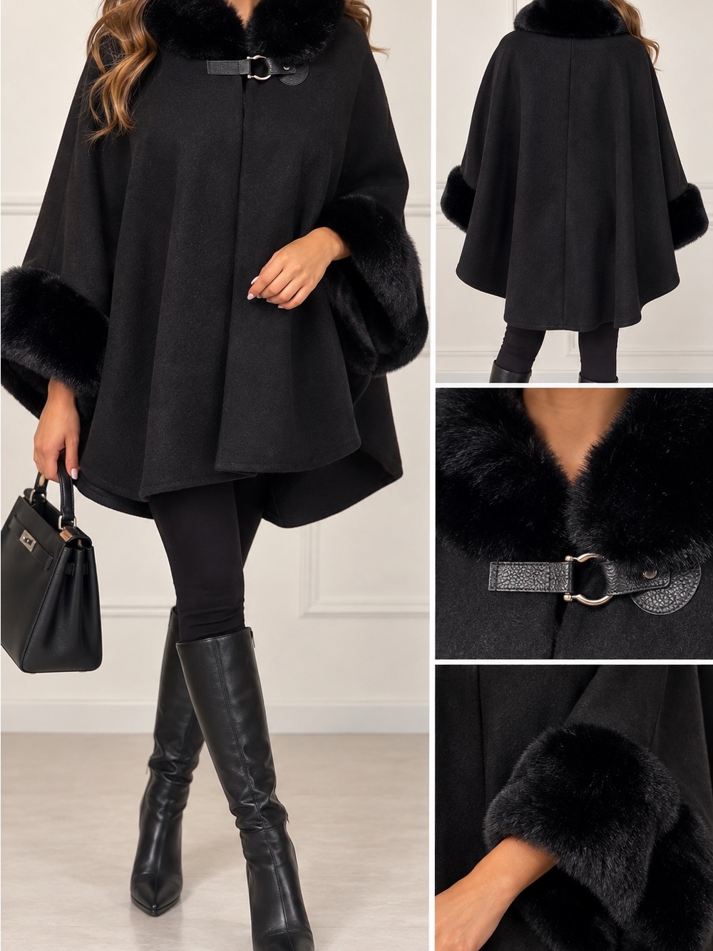 Martha Stewart Black Faux Fur Trim Cape Poncho One Size